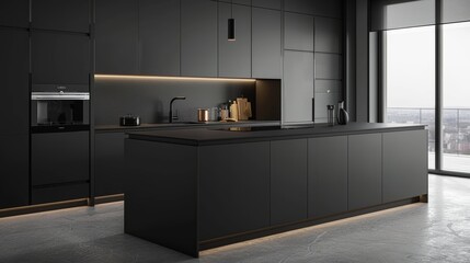 Elegant black kitchen with minimalist cabinetry, large island with high-end built-in appliances, sleek black finishes, modern lighting, and a sophisticated, contemporary design