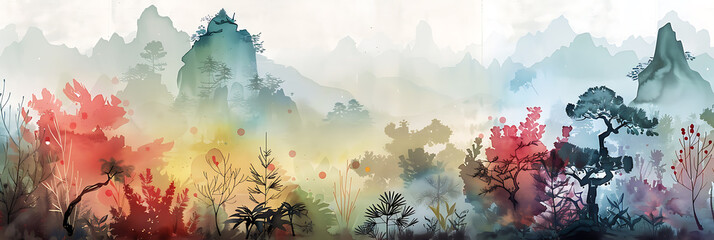 Fototapeta premium Chinese style watercolor painting of valley and flowers , panorama wallpaper, the beauty of sensitive lines