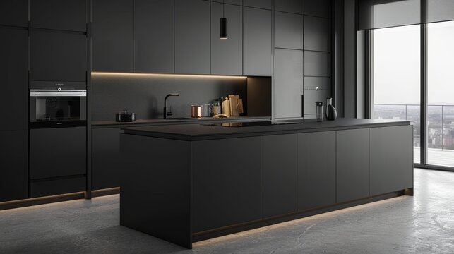 Elegant black kitchen with minimalist cabinetry, large island with high-end built-in appliances, sleek black finishes, modern lighting, and a sophisticated, contemporary design