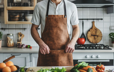 Chef kitchen apron. Chef cook in a uniform, kitchen apron, wearing protective apparel, culinary environment, food service setting, chef in kitchen interior, apron mock-up. Realistic style photo