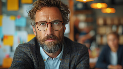 Fototapeta premium A man with glasses and a beard sits in a cafe, looking directly at the camera with a thoughtful expression