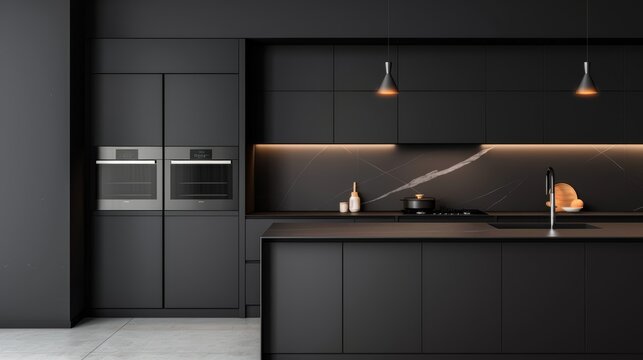 Modern kitchen with black cabinetry, minimalist black island with marble countertop, top-tier appliances, built-in storage, and elegant pendant lights above the island