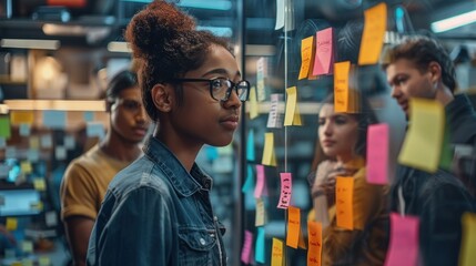 A diverse group of professionals gathers in a modern office to brainstorm ideas using sticky notes on a glass wall. The team members, representing different backgrounds and expertise, actively engage
