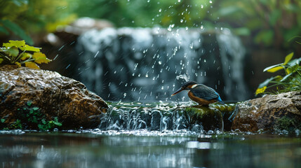 A vibrant kingfisher perches by a cascading waterfall in a lush, serene forest, surrounded by greenery.