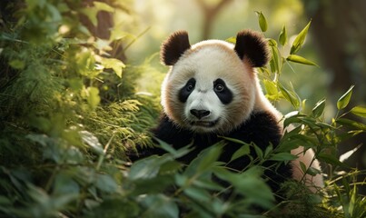 Fototapeta premium Adorable panda in a bamboo forest, surrounded by lush greenery, capturing the essence of wildlife and nature's beauty.
