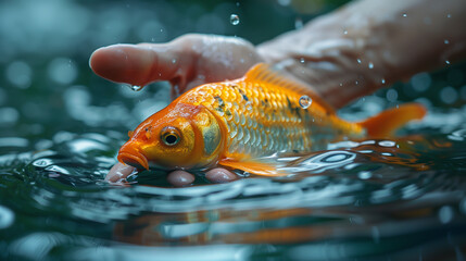 A hand gently releases a golden koi fish back into the water, creating ripples and a sense of tranquility
