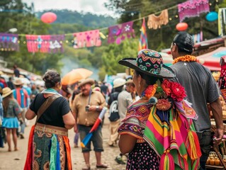 Naklejka premium A colorful summer festival in a small town, with street performers, local artists, and food stalls serving seasonal delights