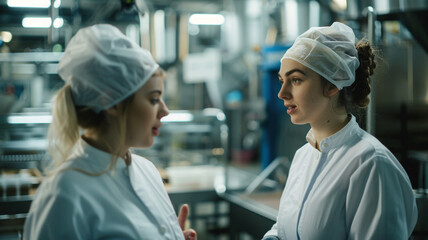 Obraz premium Two female workers discussing in a food factory, they are wearing protective uniforms and hairnets, surrounded by industrial food production equipment and conveyor belts.