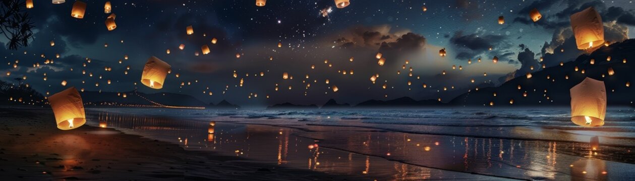 A beach lantern release event, with biodegradable lanterns floating into the night sky, creating a magical atmosphere