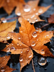 autumn leaves with water droplets on a wet surface