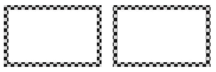 Checkered circle frame. Circle frame with checkerboard geometric pattern. Round chess border with black and white square pattern. Round race frame. Vector illustration on white background.