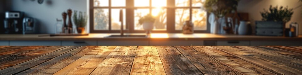 Wooden Countertop in a Kitchen With a Sunny Window