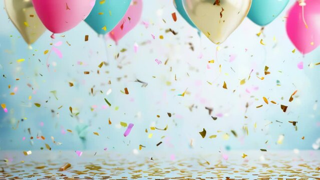  Blue festive birthday party background with balloons, confetti , Party or birthday celebration copy space template
