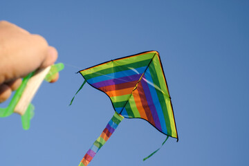 A man launches a kite in a summer park.