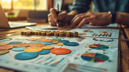 Obraz premium Analyzing Business Data With Charts and Coins