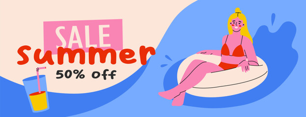 Young woman swimming with inflatable ring. Banner template or summer discount promotion. Season sale concept.