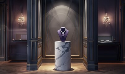 A sophisticated marble pedestal with veined texture with an amethyst necklace on a classical backdrop