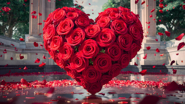 Rom&aacute;ntica escena con formaci&oacute;n de coraz&oacute;n de rosas rojas y p&eacute;talos flotantes en un paisaje arquitect&oacute;nico. 
 Dise&ntilde;o intrincado de rosas rojas en forma de coraz&oacute;n rodeado de hojas y reflejado en agua.
