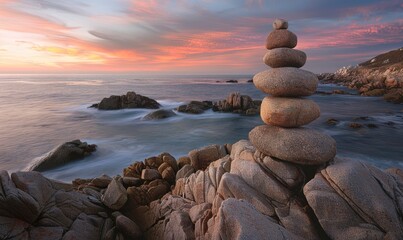 Fototapeta premium A tower of granite rocks delicately balanced by the seashore