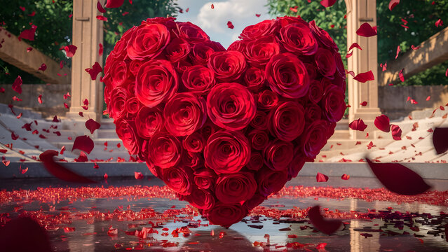 P&eacute;talos flotantes y coraz&oacute;n de rosas rojas en un paisaje con castillo y cielo claro. Formas de amor: Coraz&oacute;n de rosas rojas con reflejo en agua y p&eacute;talos en el suelo.