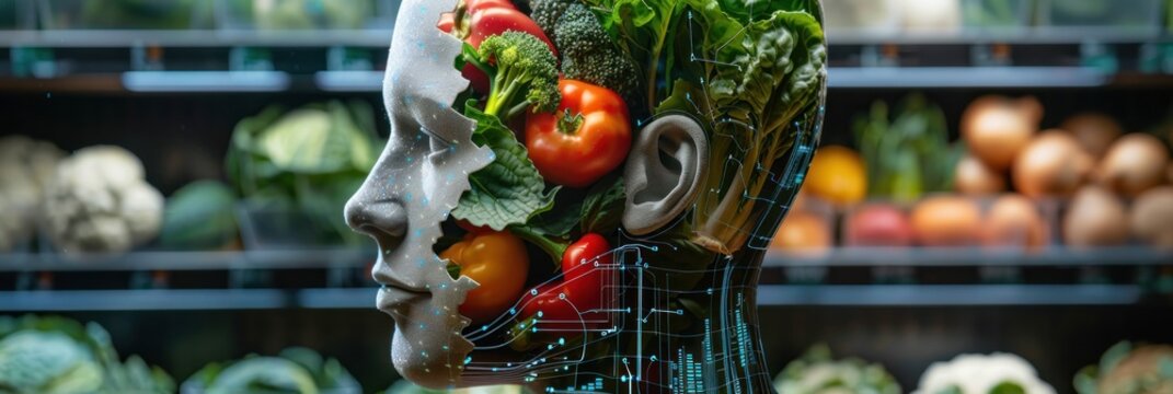 Humanoid Figure With Fresh Produce in a Grocery Store