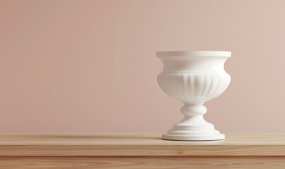 An elegant white ceramic vase on a wooden table against a light pastel backdrop