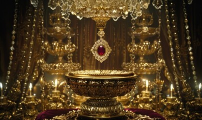 An ornate gold-plated pedestal with intricate details, featuring a ruby pendant on a luxurious velvet backdrop