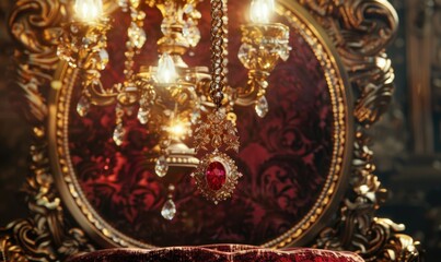 Fototapeta premium An ornate gold-plated pedestal with intricate details, presenting a ruby pendant on a luxurious velvet backdrop