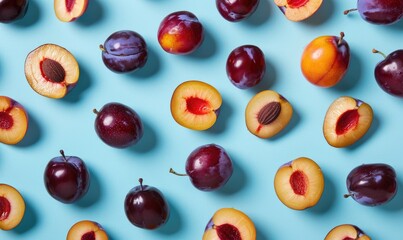 Assorted plums on a light blue surface, sliced and whole