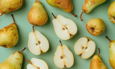 Bartlett pears on a pale green backdrop