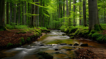 A gentle stream flowing through a woodland.


