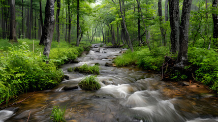 Obraz premium A gentle stream flowing through a woodland.