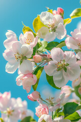 Fototapeta premium Apple tree blossoms, spring sky background 