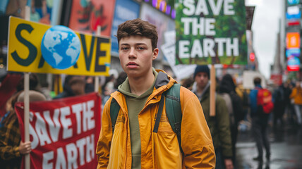 Obraz premium Gen Z Boy Participates in Climate Protest in Front of 