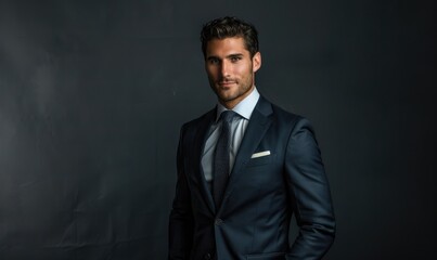 Fototapeta premium Clean portrait of a man in a modern slim-fit suit against a plain dark backdrop