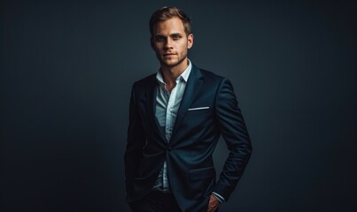 Fototapeta premium Clean portrait of a man in a modern slim-fit suit against a plain dark backdrop