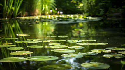 Fototapeta premium A quiet pond with lily pads and reflections.