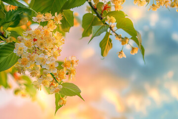 Obraz premium Linden tree blossoms, spring sky background 