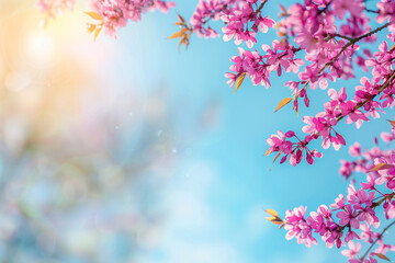 Naklejka premium Redbud tree blossoms, spring sky background 
