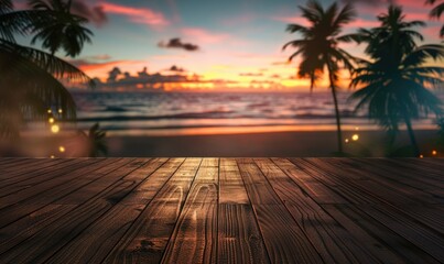 Fashion runway with dark wooden floor, tropical beach backdrop
