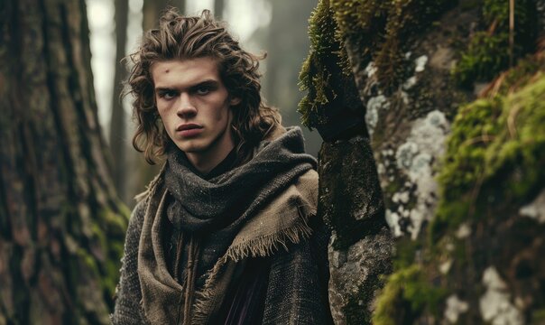 Portrait of a male model in fantasy attire in ancient forest on the background