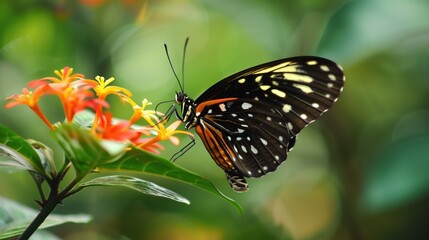 Close-up of a patterned butterfly on bright tropical flowers amid lush foliage, showcasing intricate wing details
