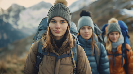 Fototapeta premium Friends in hiking outfit walking in the mountains. Outdoors adventures concept