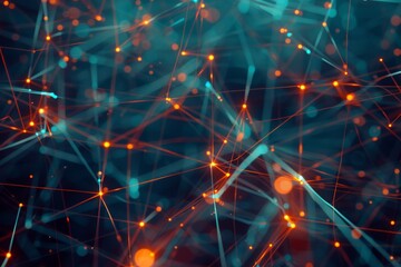 A top view of a complex digital network with interconnected nodes and data streams