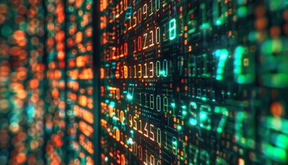 Binary code and matrix visuals, emphasizing data theft futuristic, blend mode, server room backdrop