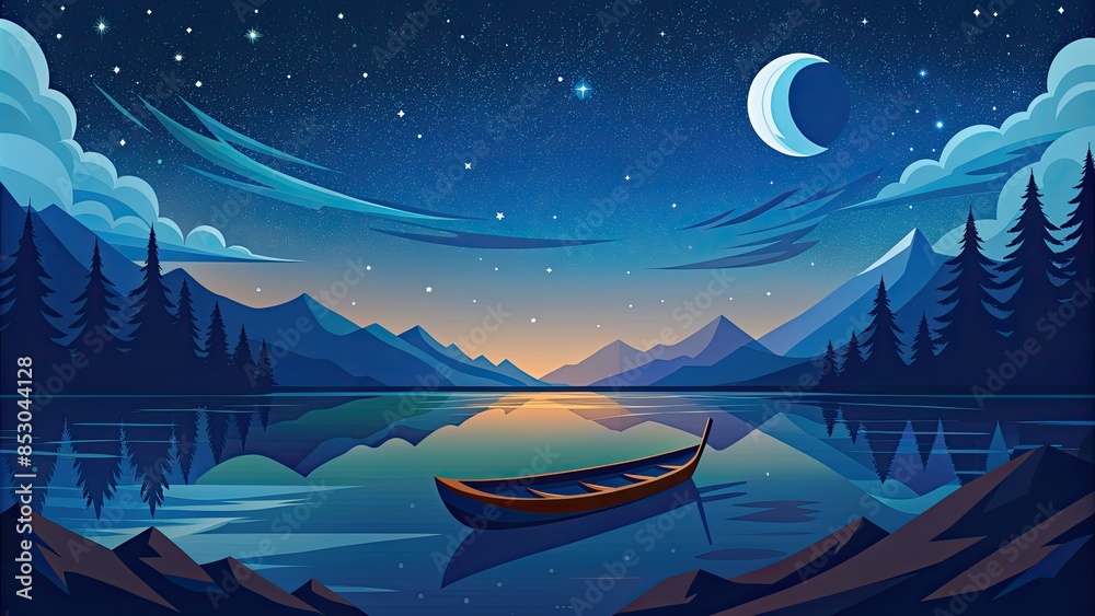 Poster Nighttime Boat Ride Under a Crescent Moon