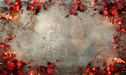 Garland of warm red lights framing the frame, limestone background