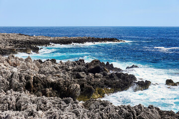 Cap Martin in Roquebrune-Cap-Martin, France. Rocky coast of the Mediterranean Sea on the French Riviera.
