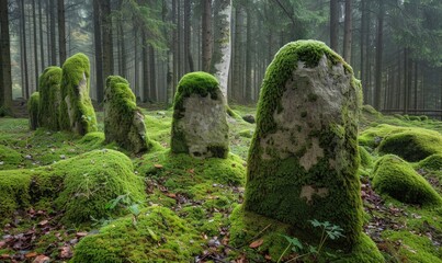 Harmonious alignment of moss-covered stones in a forest glade