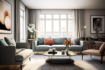 Fototapeta premium A large, open living room with a piano and a painting on the wall.